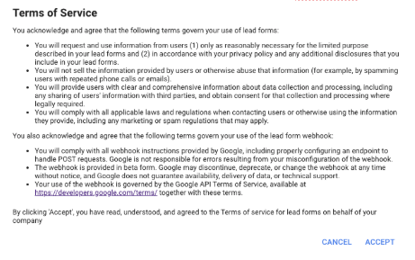 2Terms of Service to be accepted to use Lead form extension
