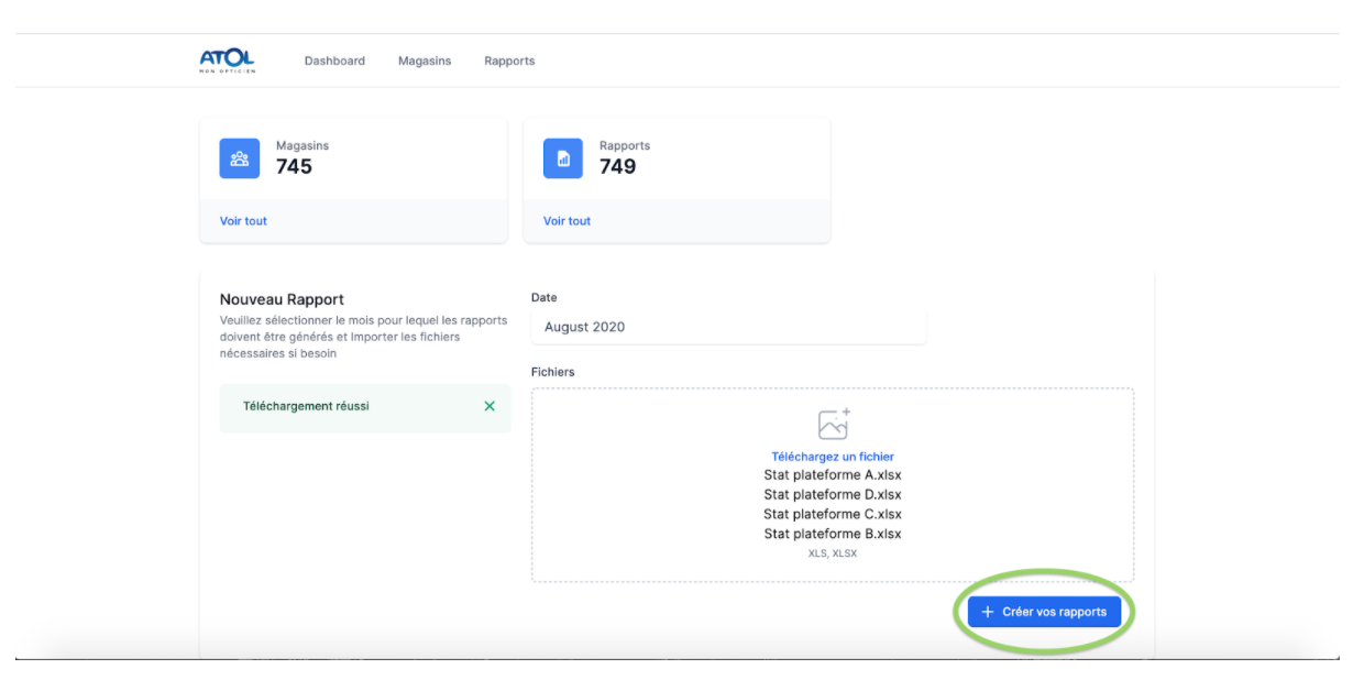 Homepage of the platform where excel documents have been uploaded and where the creation of the reports will be launched by clicking on the create your reports button